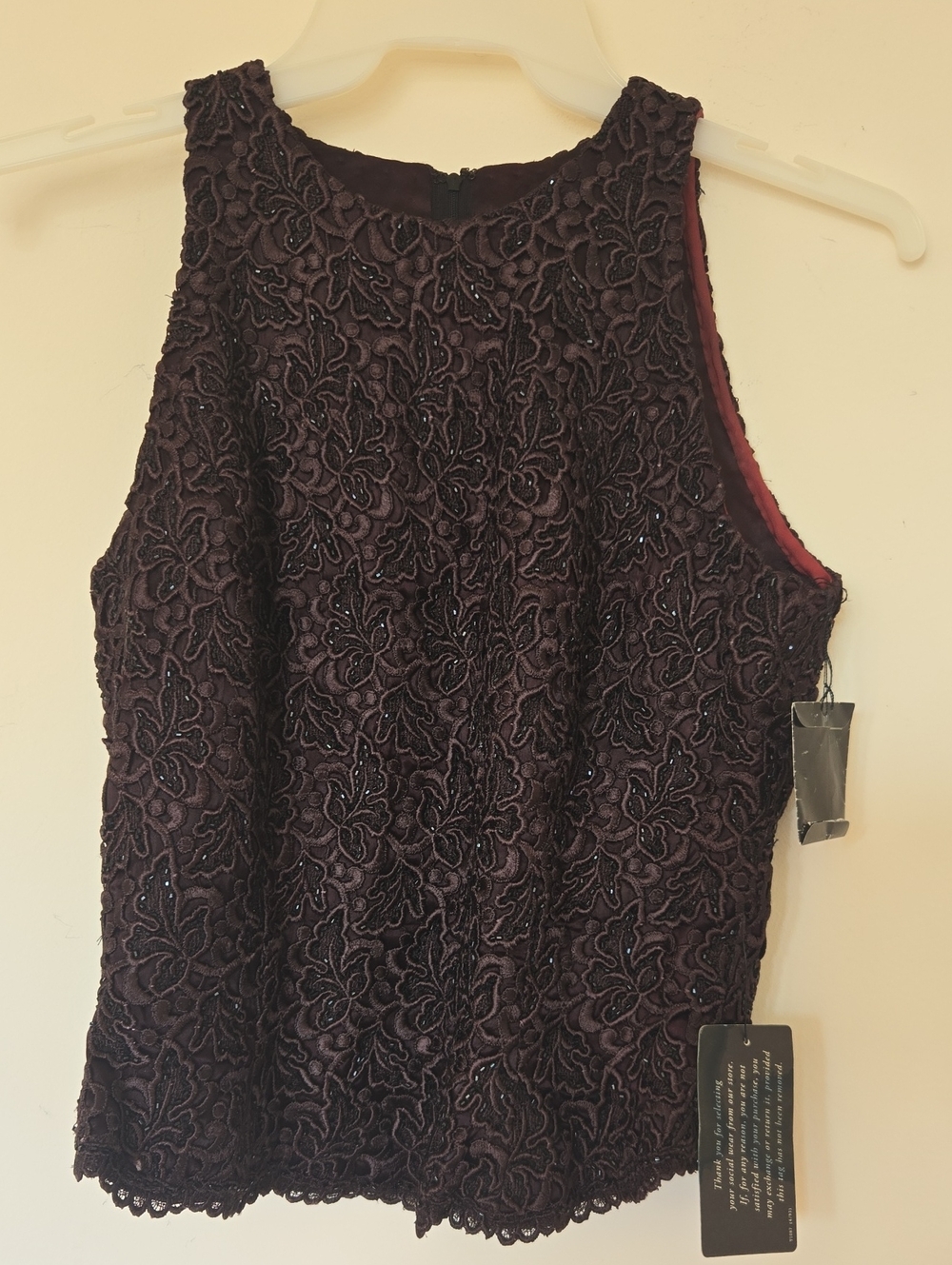 Carmen Marc Valvo Deep Plum Lace Beaded Camisole